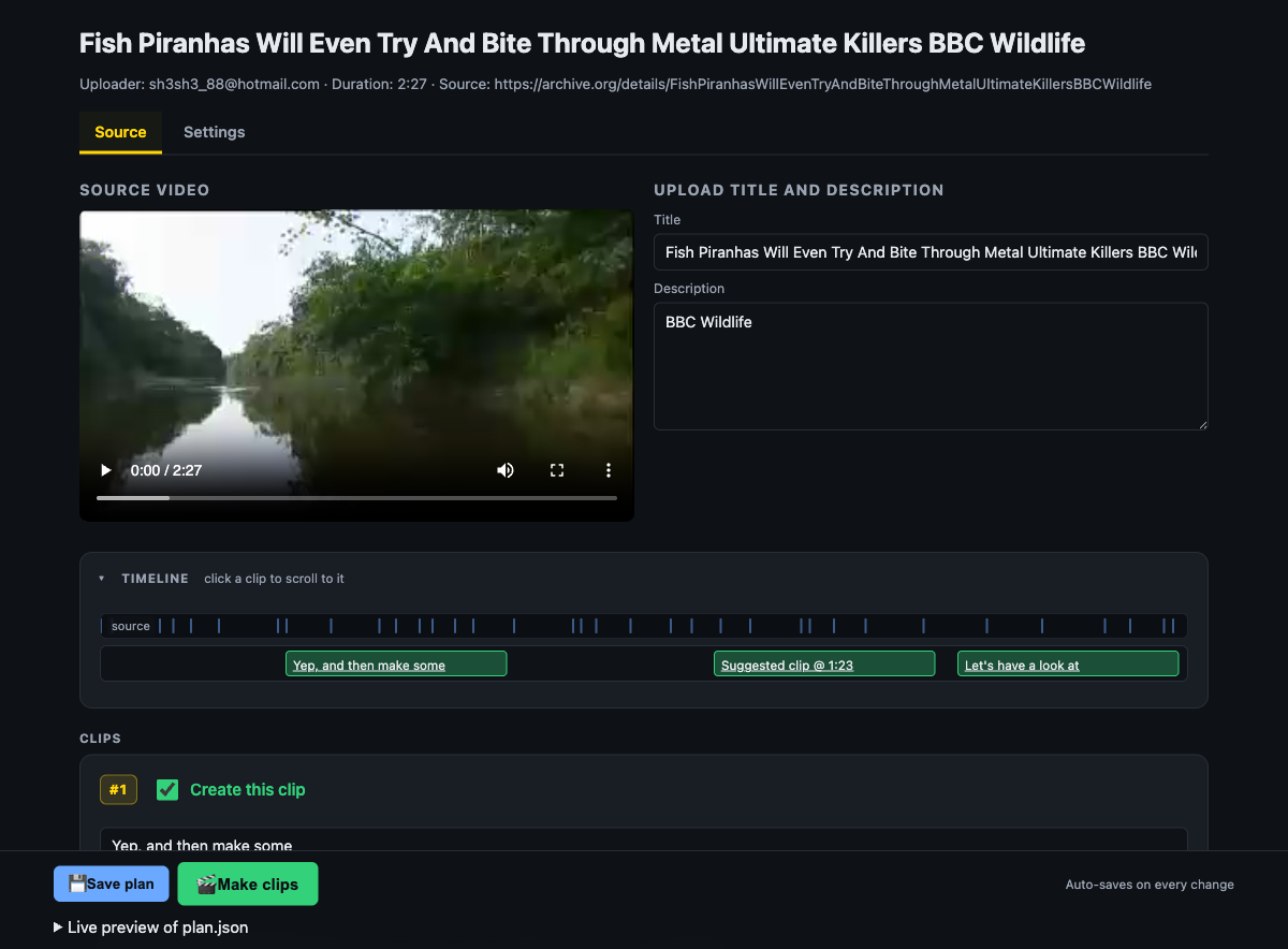 AICW Video plan UI showing the source video, a timeline of suggested clip moments, and the clip list