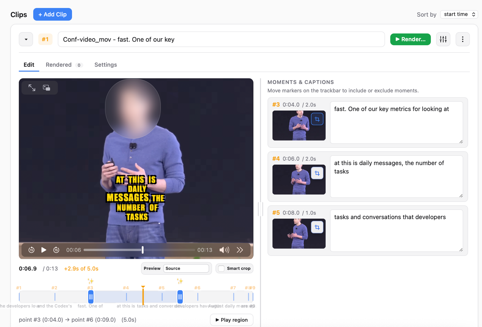 AICW Video editing a conference talk: speaker's face is blurred for privacy and yellow styled captions show on the preview
